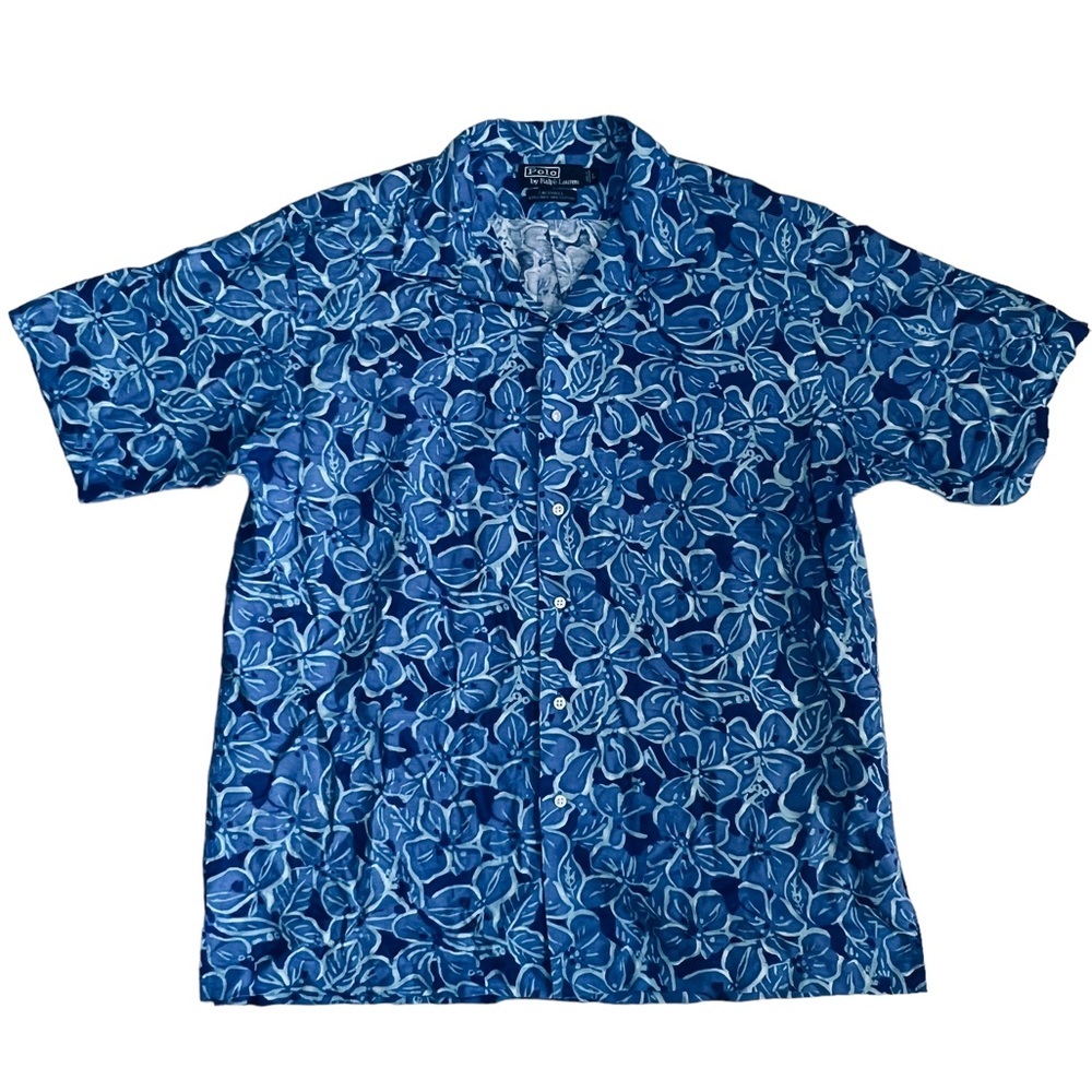 Polo Ralph Lauren Men’s Caldwell Blue Linen Tropical Hawaiian Print Shirt L. EUC